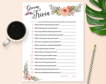 Groom Trivia Game for Bridal Shower - Floral Theme - Instant Printable Download