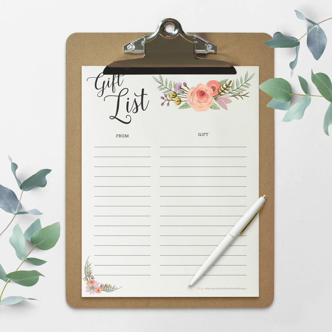 Gift List Tracker Bridal or Baby Shower Floral Watercolour Theme ...