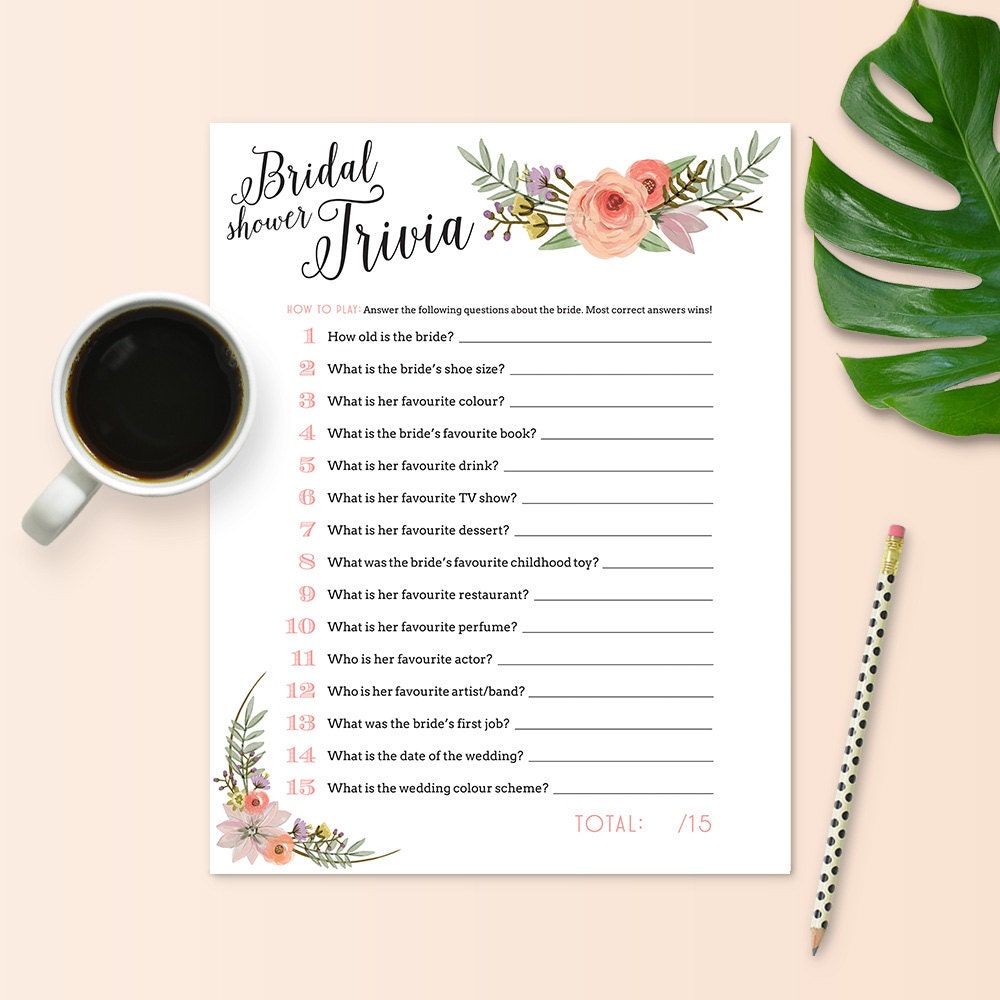 Bride Trivia Game for Bridal Shower Floral Theme Instant Printable ...