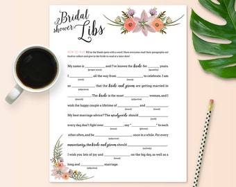 Mad Libs Game for Bridal Shower - Floral Theme - Instant Printable Download