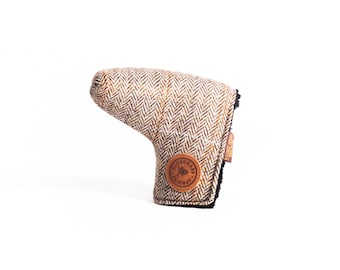 Harris Tweed Putter Cover in Brown Herringbone,  Handmade, Gifts for Golfers, Putter Head Cover, Gifts for Golfers, Golf Gift