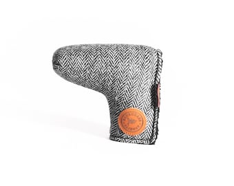 Harris Tweed Putter Cover in Black & White Herringbone,  Handmade, Gifts for Golfers, Putter Head Cover, Gifts for Golfers, Golf Gift