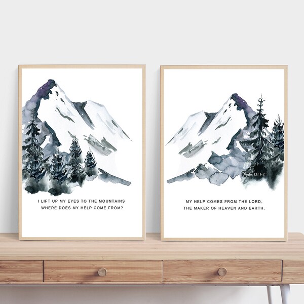 Bible Verse Wall Art, Set of 2 Scripture Prints, Psalm 121, I Lift Up My Eyes To The Mountains, Watercolor Christian Wall Art, Printables