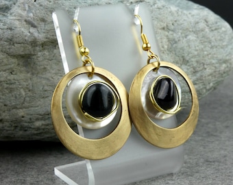 Obsidian Earrings, Obsidian, Shell & Brass Earrings