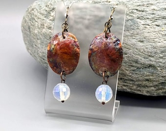 Textured and Flame Painted Copper and Crystal Bead Dangle Earrings