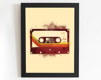 May include: A vintage-style illustration of a cassette tape with a red and orange color scheme. The tape is labeled "STEREO" and "C-60". The background is a light yellow with a watercolor effect.