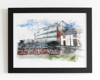 Stampa artistica ad acquerello dello stadio dell'ippodromo del Wrexham Football Club