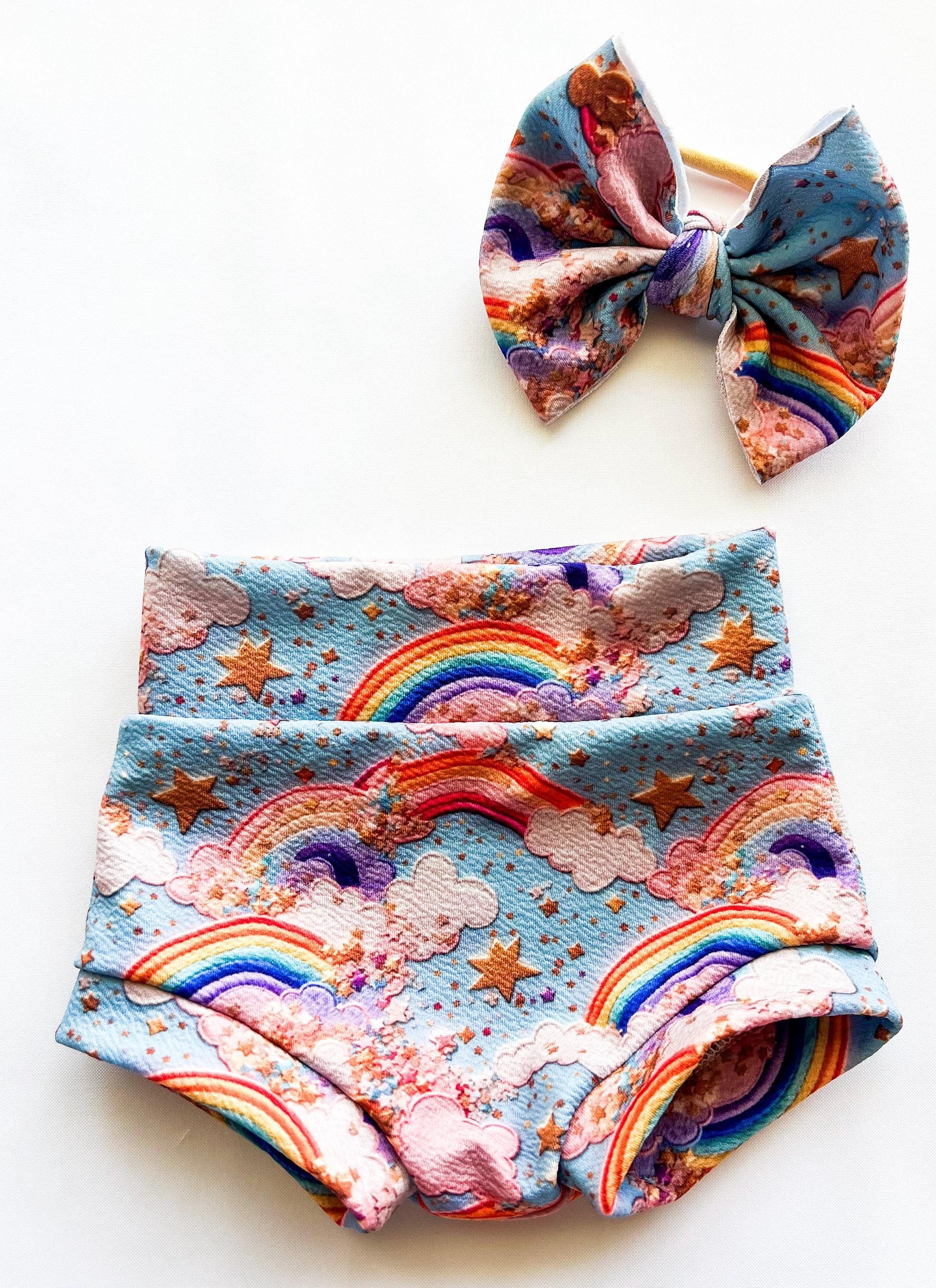 Baby Girl Toddler happy RAINBOW Bummies Nylon Bow set 0-3 months-4t Shorties Headband diaper cover gold shimmer shorties Summer