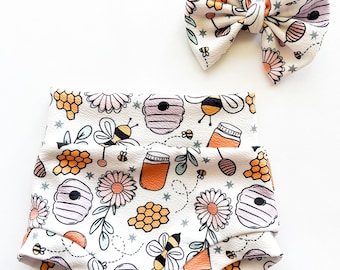 Conjunto de lazo de nailon para bebé niña pequeña HONEY BEE Bummies de 0 a 3 meses a 4 años, pantalones cortos, diadema, cubrepañal, feria de verano, mercado, flores bohemias