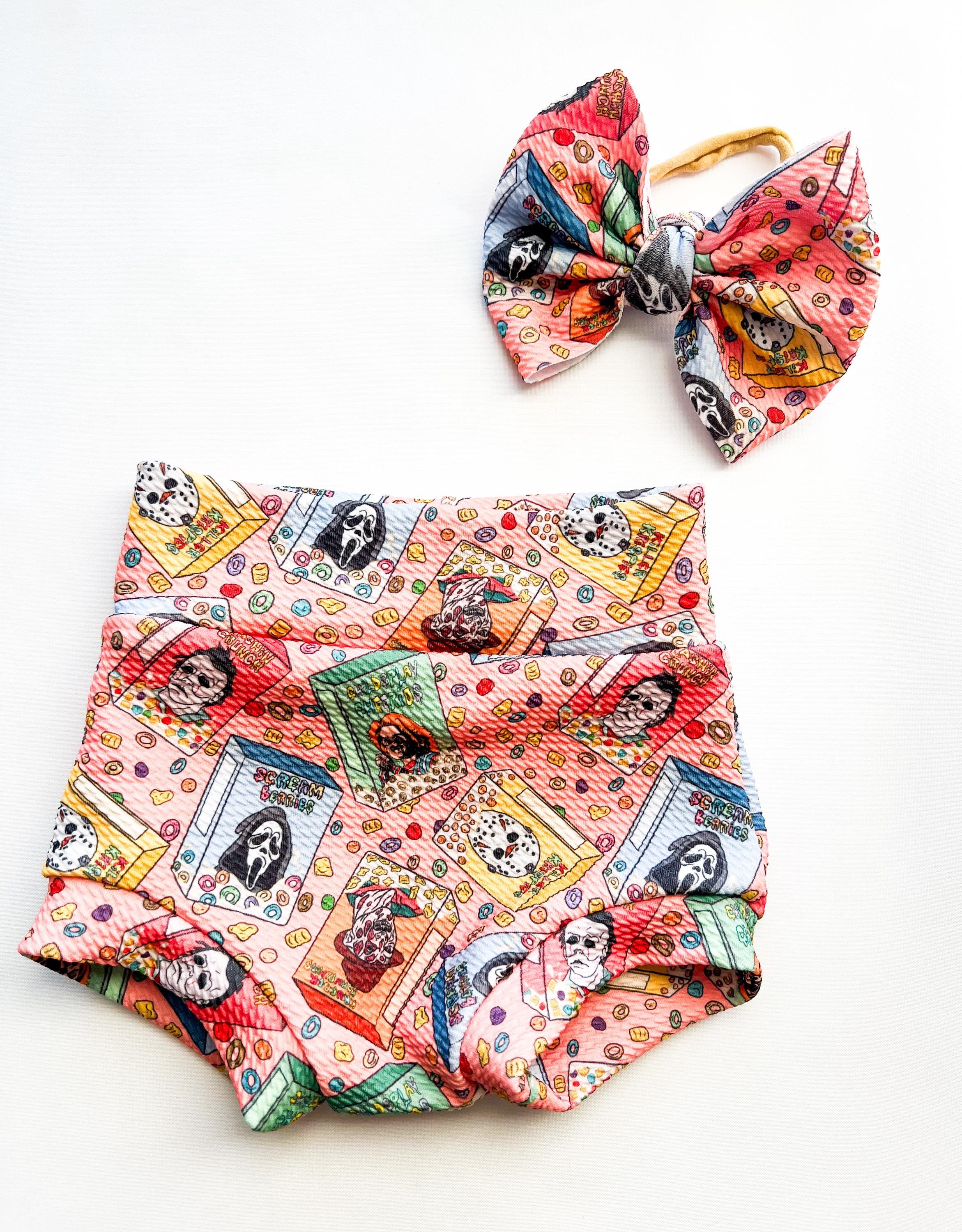 Baby Girl Toddler CEREAL KILLER 80s Halloween villain Bummies Nylon Bow set 0-3 mos-4t Shorties Headband diaper Retro Fall Spooky Scary Doll