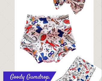 Baby Girl Toddler MARDI GRAS Bummies Pants Nylon Bow set 0/3-24 mos Shorties Headband diaper cover Louisiana Crawfish New Orleans Alligator