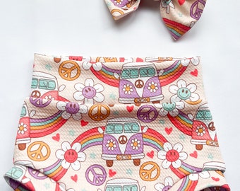 Baby Girl Toddler Hippie Boho  BUS VAN Rainbow Bummies Nylon Bow set 0-3 mos-4t Shorties Headband diaper cover Flowers Groovy