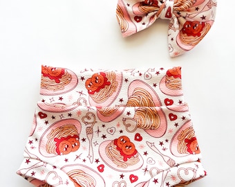 Baby Girl Toddler SPAGHETTI MEATBALL Bummies Nylon Bow set 0-3 months-4t Shorties Headband diaper cover hearts pasta fabric Italian love