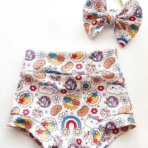 Baby Girl Toddler 4th of July Bummies Bow set 0-3 mos-4t Headband diaper cover Red white blue Hotdog Cloud Rainbow USA Patriotic Sun FOJ