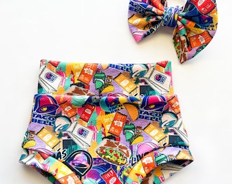 Baby Girl Toddler Hippie Boho TACO Fast Food Mexican Bummies Nylon Bow set 0-3 mos-4t Shorties Headband diaper cover Hot Sauce Burritos