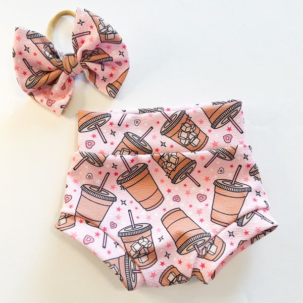 Baby Girl Toddler Iced Coffee Bummies Nylon Bow set 0-3 months-4t Shorties Headband diaper cover Pink Drink