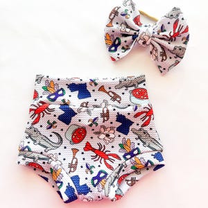Baby Girl Toddler MARDI GRAS Bummies Nylon Bow set 0-3 mos-4t Shorties Headband diaper cover Louisiana Crawfish New Orleans Gumbo Alligator