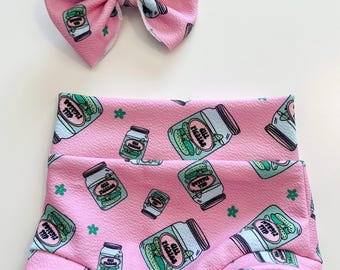 Baby Girl Toddler Pickle Bummies Nylon Bow set 0-3 months-4t Shorties Headband diaper cover Dill Pickles Jar