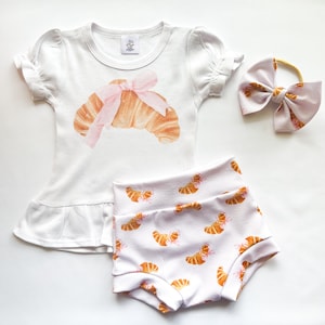 Baby Girl Toddler CROISSANT French Shirt/onesie Bummies Nylon Bow set 0-3 mos-4t Shorties Headband diaper cover Summer Birthday Party