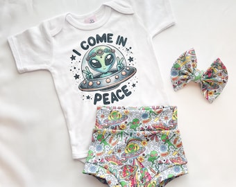 Baby Mädchen Kleinkind ALIEN Peace Hippie Boho Body Hose Bummies Nylon Schleife Set 0/3-24 Moss Shorties Stirnband Windel Cover RAUMSCHIFF