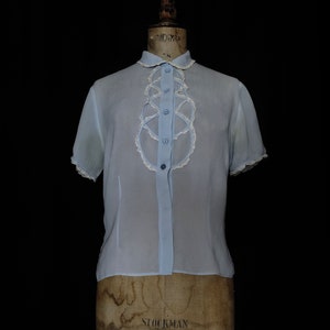 1930s Powder Blue Chiffon Blouse with Lace Detail