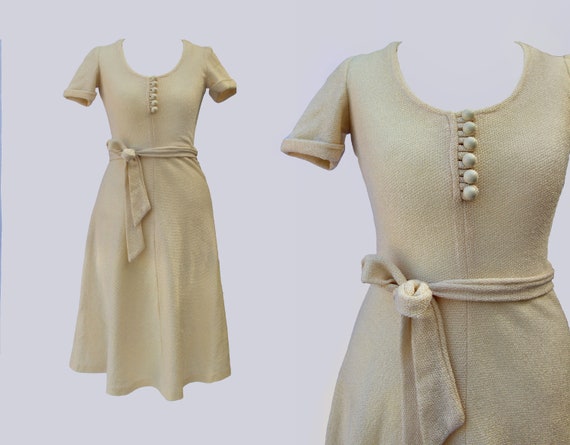 1970s, Cream Knitted, Belted Dress