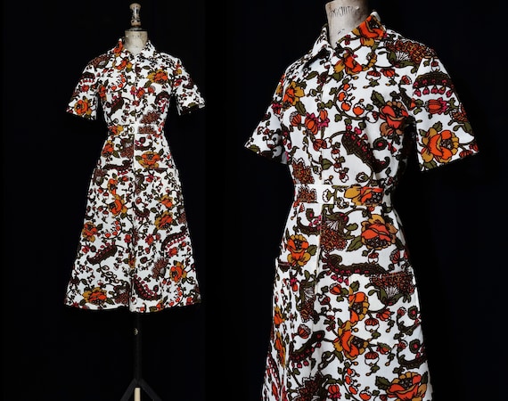 1970s Autumnal Coloured Floral, Belted Dress
