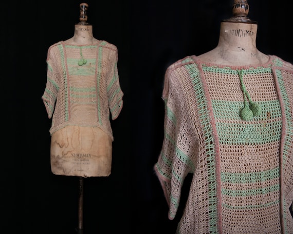 Green and Beige, 1930s Crochet Knit Jumper with Fe