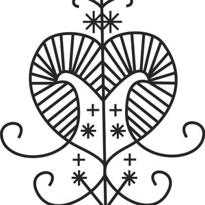 May include: A black and white line drawing of a stylised heart with a stem and leaves. The heart is decorated with stars and crosses.