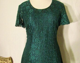 Dark Emerald Green Vintage 80's Lace Scoop Neck Short Sleeve Mini Dress Medium Small
