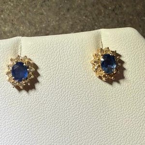 Vintage 14K Yellow Gold Blue Sapphire & Diamond Halo Earrings