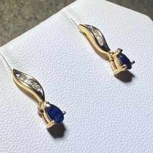 Vintage 10K Yellow Gold Blue Sapphire & Diamond Drop Dangle Earrings