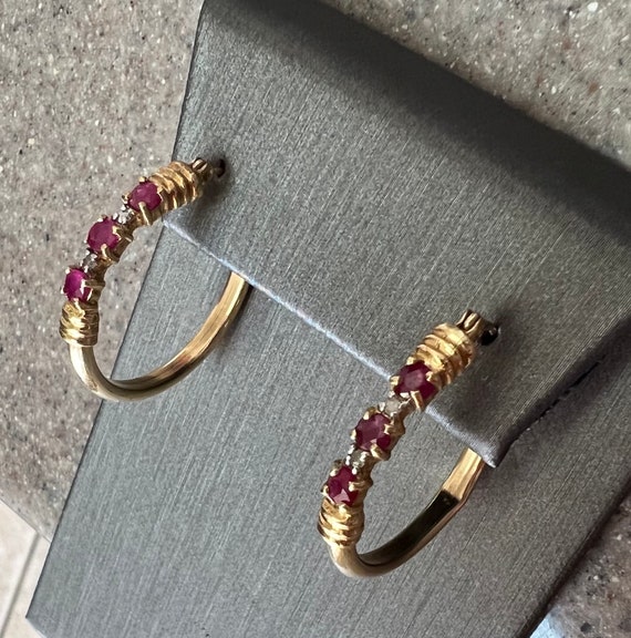 Vintage 10K Yellow Gold Ruby & Diamond Hoop Earrin