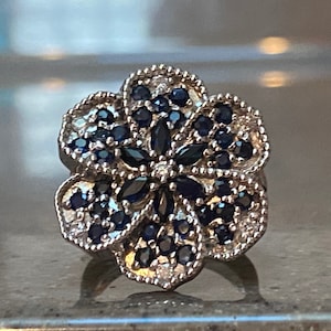 Vintage 14K White Gold Blue Sapphire & Diamond Huge Custom Made Cocktail Ring, Flower Floral Design Size 6.5