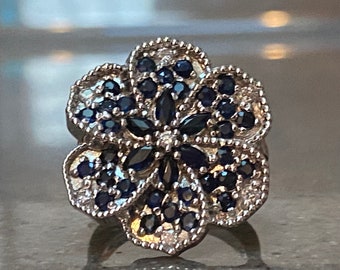 Vintage 14K White Gold Blue Sapphire & Diamond Huge Custom Made Cocktail Ring, Flower Floral Design