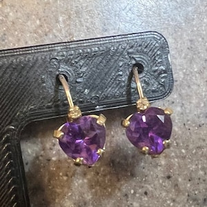 Vintage 10K Yellow Gold Purple Amethyst & Diamond Drop Dangle Earrings