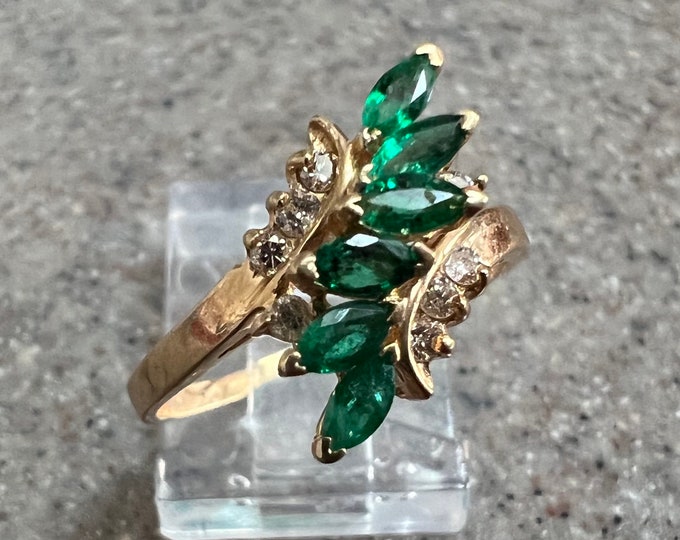 Effy BH 14K Yellow Gold Genuine Emerald & Diamond Cocktail Ring Size 6. ...