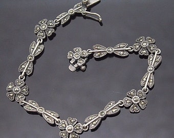 Vintage Sterling Silver 925 Marcasite Flower Floral Link Panel Bracelet