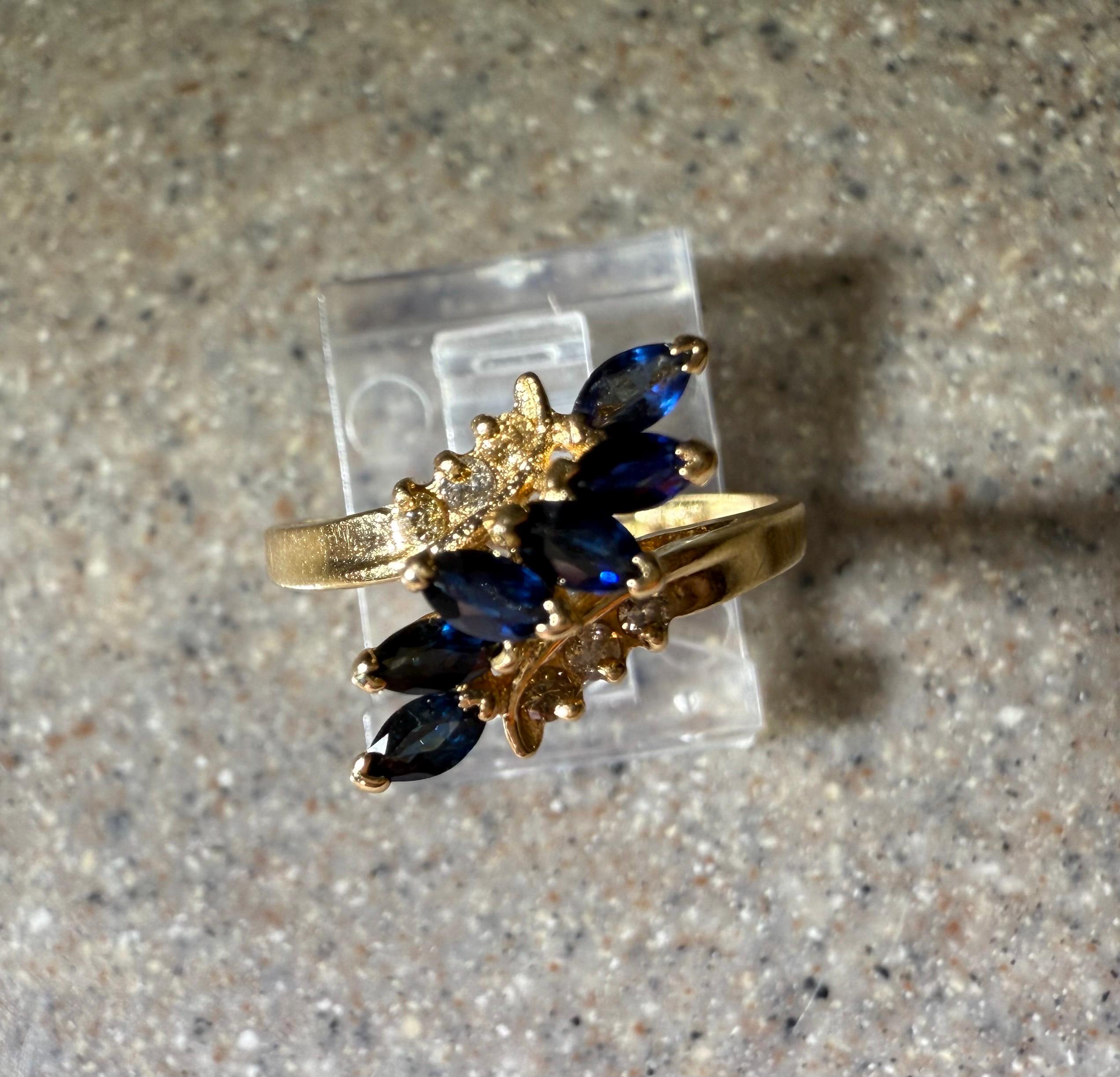 Vintage 14K BH Effy Yellow Gold Blue Sapphire & Diamond Ring Size 