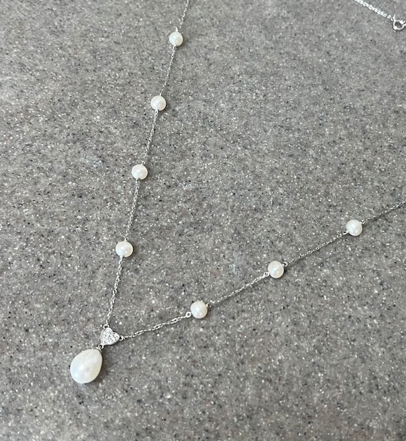 Vintage 10K White Gold Pearl & Diamond Necklace