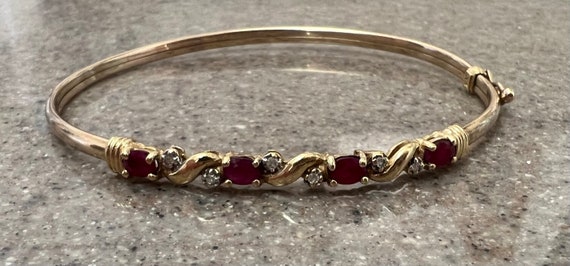 Vintage 10K Yellow Gold Ruby & Diamond Bangle Bra… - image 3