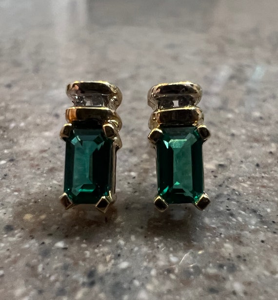 Vintage 10K Yellow Gold Lab Emerald & Diamond Earr