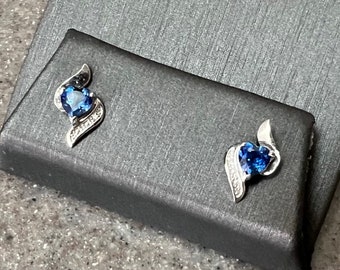 Vintage 10K White Gold Blue Sapphire & Diamond Heart Earrings