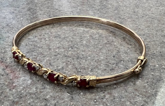 Vintage 10K Yellow Gold Ruby & Diamond Bangle Bra… - image 5