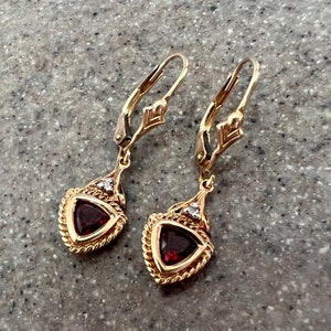 Vintage 10K Yellow Gold Garnet & Diamond Drop Dangle Earrings