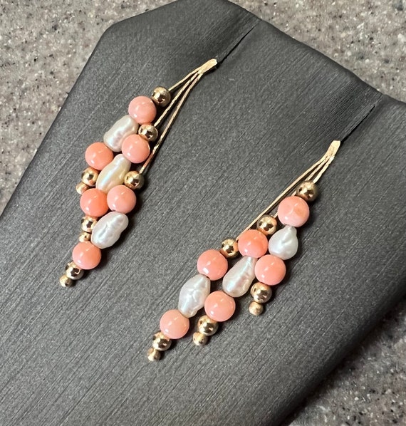 Vintage 14K Yellow Gold Coral & Pearl Dangle Earr… - image 9