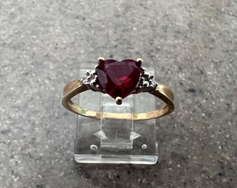 Vintage 10K Yellow Gold Lab Ruby & Diamond Ring Size 6.5