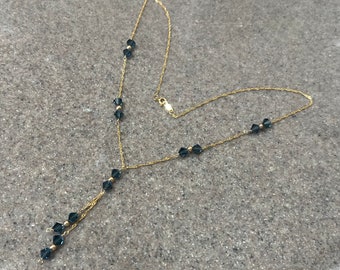 Vintage 14K Yellow Gold Blue Beaded Y Shape Lariat Necklace