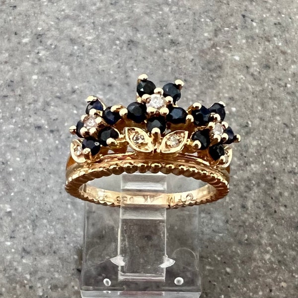 Franklin Mint Vintage 14K Yellow Gold Blue Sapphire & Diamond Flower Crown Ring, Princess Grace Jeweled Tiara Ring