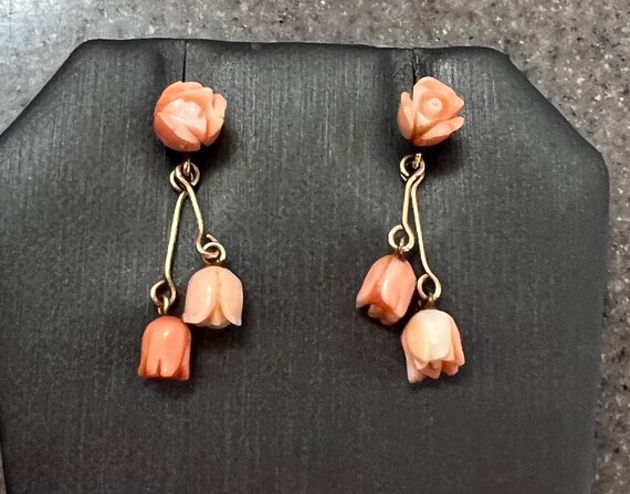 Vintage 14K Yellow Gold Coral Tulip Flower Dangle… - image 6